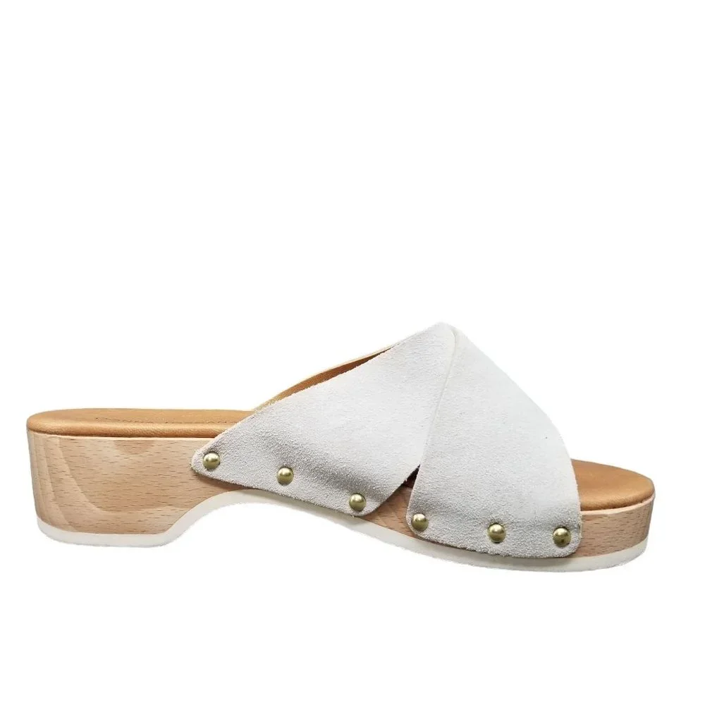 Donna Toscana Wood Platform Slide Sandals Womens White Leather Italian Size 7.5 - Picture 2 of 12